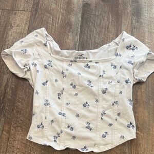 Hollister Women's Cream Square-Neck Crop Top with Blue Floral Print